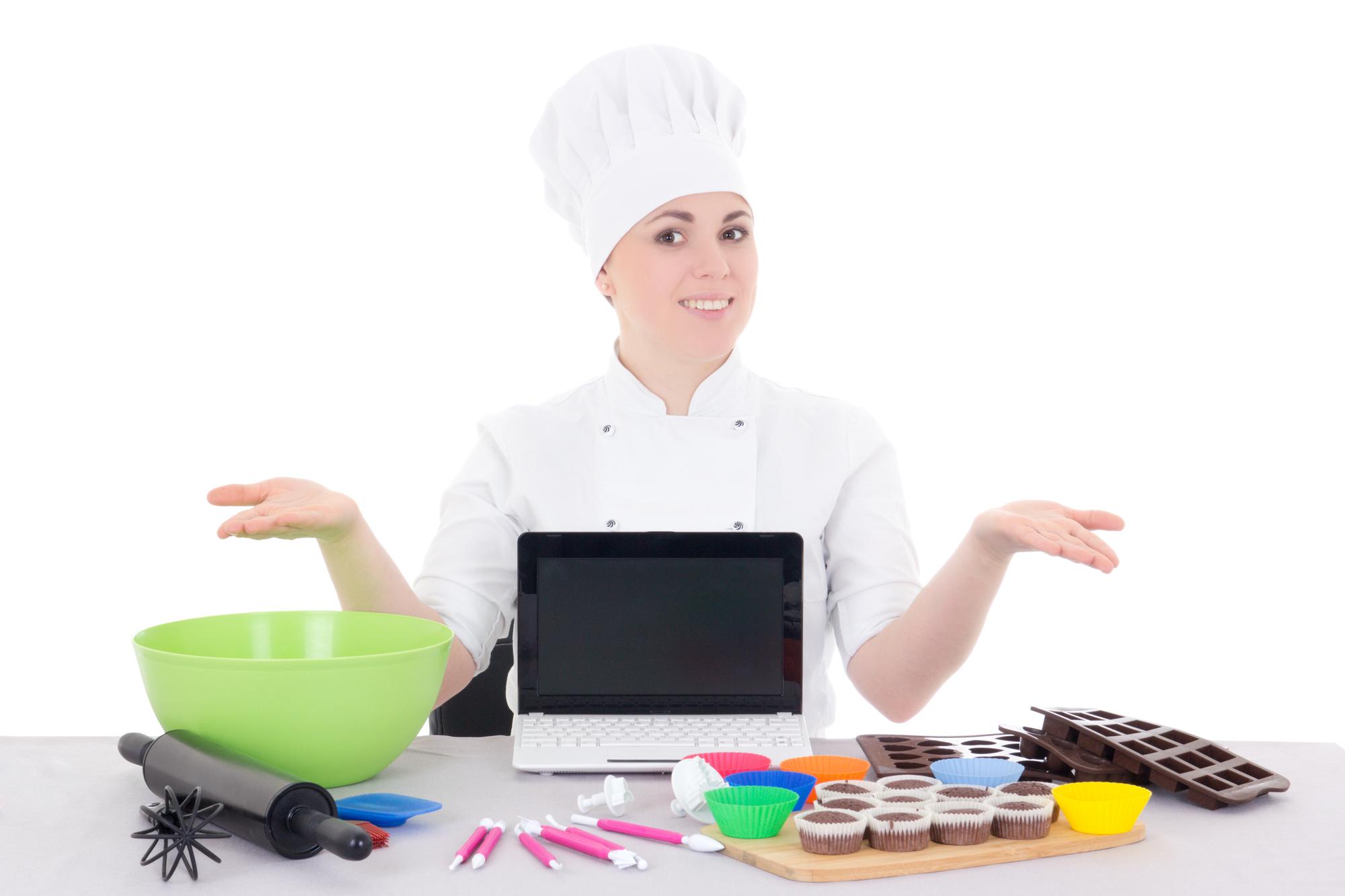 Chef teaching online with modern kitchen setup